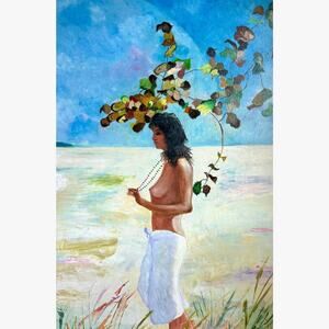 Signed Kollinger Oil Painting Coastal Nude Figure Surreal Beach Scene